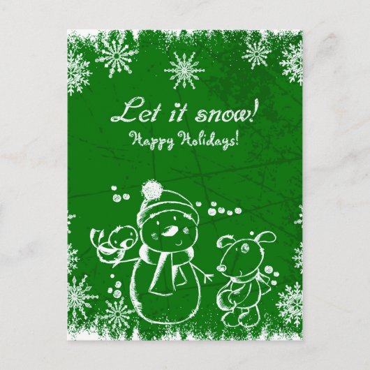 Snowman, vogel en hond over groene achtergrond briefkaart (Voorkant)