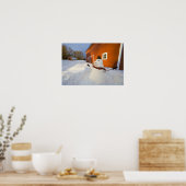 Snowman voor de rode schuur in Columbia Herfsten Poster (Keuken)