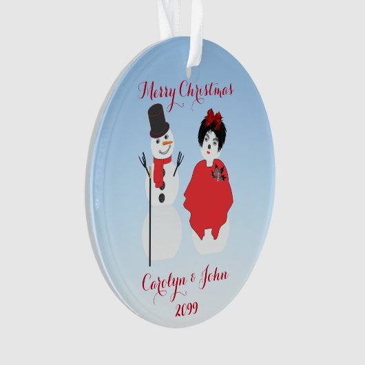Snowman & vrouw gekleed voor kerstfeest ornament (voorkant)