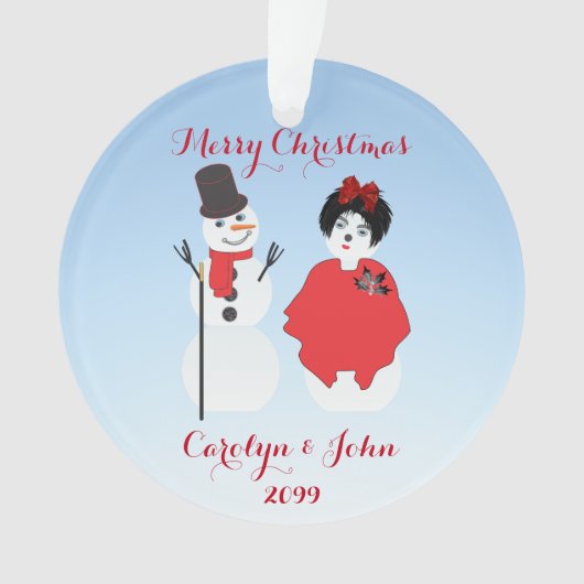 Snowman & vrouw gekleed voor kerstfeest ornament (voorkant)