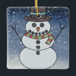 Snowman w/BG - Keramisch Ornament<br><div class="desc">Snowman die eruit ziet alsof hij gehakt was met een sneeuwachtergrond.</div>