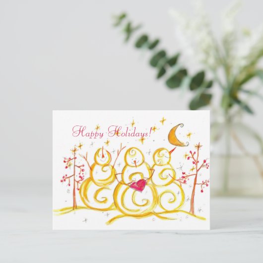 Snowman Watercolor Crescent Moon Happy Holidays Feestdagenkaart (Staand voorkant)