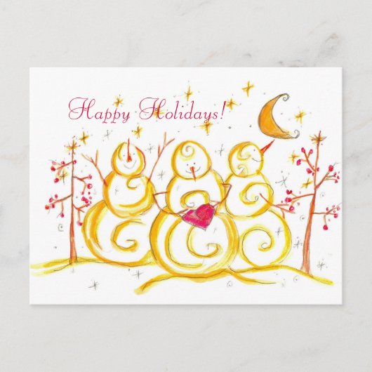 Snowman Watercolor Crescent Moon Happy Holidays Feestdagenkaart (Voorkant)
