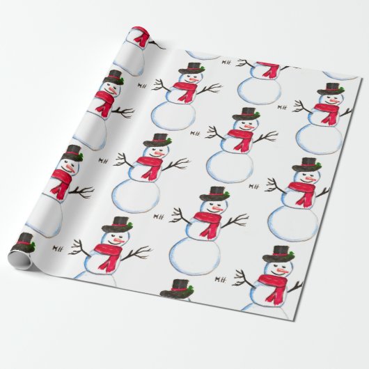 Snowman waterverf  retro xmas patroon cadeaupapier (Uitgerold)