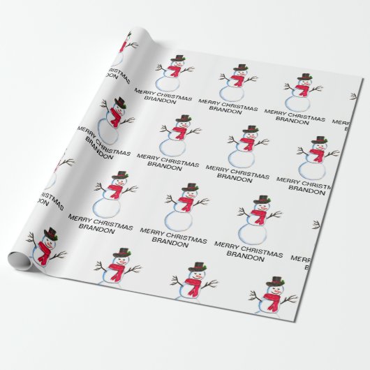 Snowman Waterverf  Retro Xmas Patroon Naam Cadeaupapier (Uitgerold)