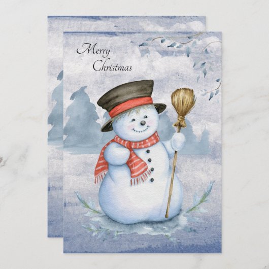 Snowman Waterverf Script Modern Merry Kerstmis Feestdagenkaart (Voorkant / Achterkant)
