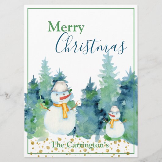 Snowman Waterverf Trees Merry Kerstfeestdag (Voorkant)