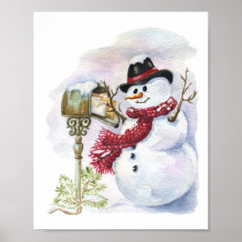 Snowman Waterverf Winter Kerstmis Ontkoppeling Poster