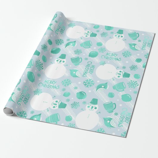 Snowman White Mint Blue Cadeaupapier (Uitgerold)