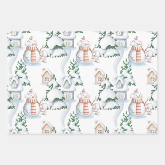 Snowman White Rabbit Trees Waterverf Kerstmis Inpakpapier Vel (Voorkant 2)