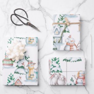Snowman White Rabbit Trees Waterverf Kerstmis Inpakpapier Vel
