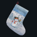 Snowman Winter Merry Typography Holiday Kerstmis Grote Kerstsok<br><div class="desc">Cute waterverf sneeuwman met zijn bezem in de sneeuw. Schattig. Zo leuk voor je vakantie. Zie overeenkomende producten. Vergeet niet dat je dit patroon kunt overdragen naar alles wat Zazzle te koop heeft.</div>