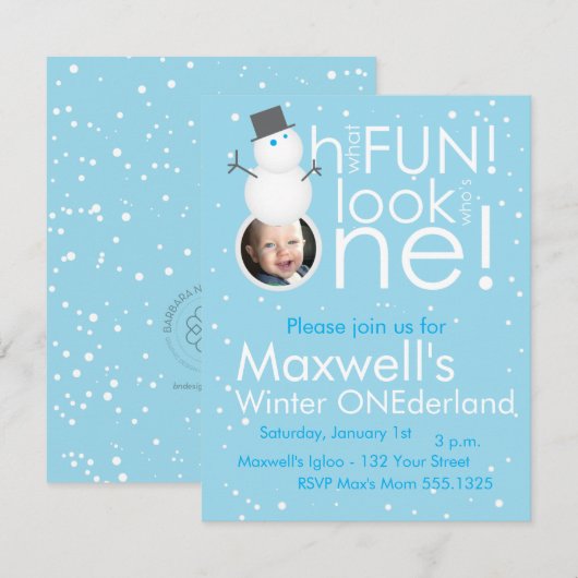 Snowman Winter ONEderland 1e verjaardag Uitnodigin Kaart (Voorkant / Achterkant)