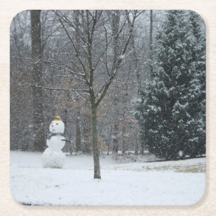 Snowman Winter Sneeuwscene van de buren Kartonnen Onderzetters