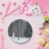 Snowman Winter Sneeuwscene van de buren Papieren Bordje (Feest)