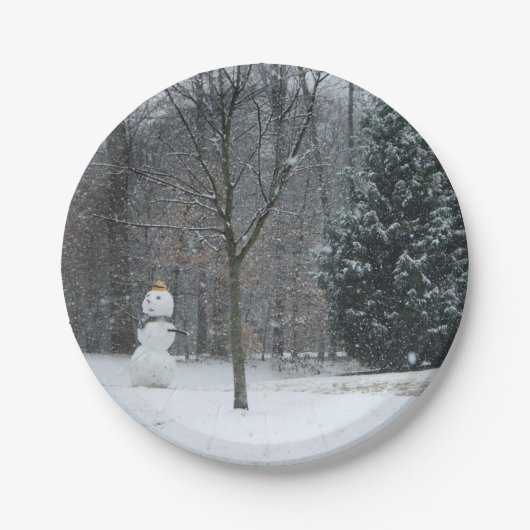 Snowman Winter Sneeuwscene van de buren Papieren Bordje (Voorkant)