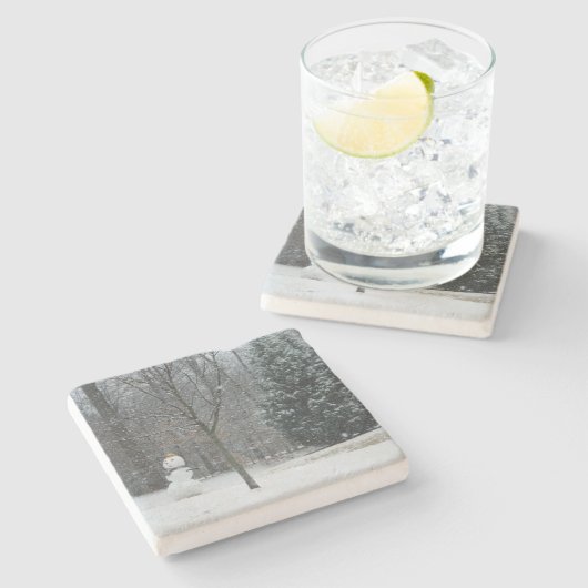 Snowman Winter Sneeuwscene van de buren Stenen Onderzetter (Zijkant)