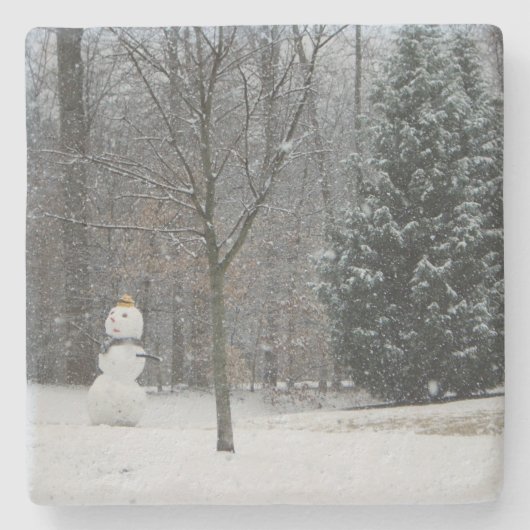 Snowman Winter Sneeuwscene van de buren Stenen Onderzetter (Voorkant)
