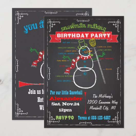 Snowman Winter verjaardagsfeestje uitnodigingen (Voorkant / Achterkant)