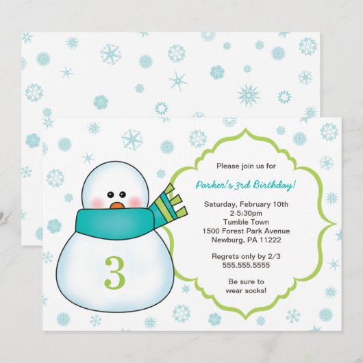 Snowman Winter verjaardagsfeestje uitnodigt Kaart (Voorkant / Achterkant)