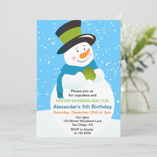 Snowman Winter Wonderland Boy Birthday Uitnodiging (Staand voorkant)