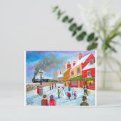 Snowman winterscène folkschildertrein briefkaart (Staand voorkant)