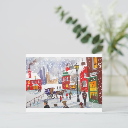 Snowman winterscène volkskunst nostalgisch schilde briefkaart (Staand voorkant)