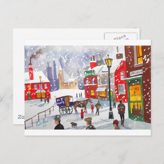 Snowman winterscène volkskunst nostalgisch schilde briefkaart (Voorkant / Achterkant)