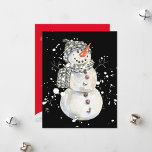 SNOWMAN WISH MERRY CHRISTMAS EN HAPPY NEW YEAR FEESTDAGENKAART<br><div class="desc">Een schattige,  mooie sneeuwpop met sneeuwvlokken op een zwarte achtergrond aan de voorkant en sneeuw en snaren lichten één rode achtergrond aan de achterkant aan met de tekst "Ik wens u een vrolijk kerstfeest en een gelukkig nieuw jaar".</div>