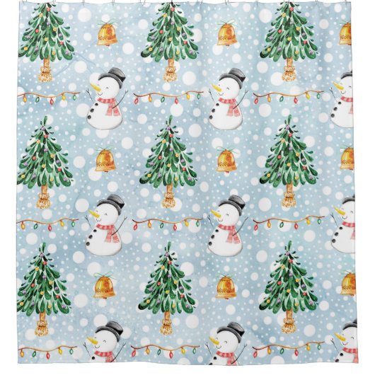 Snowman With Fir Tree In Watercolor Pattern Douchegordijn (Voorkant)