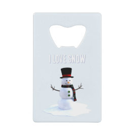 Snowman with hat and scarf. I Love Snow Creditkaart Flessenopener