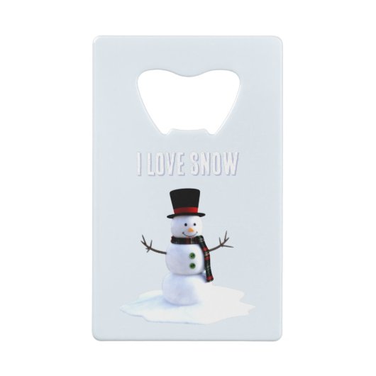 Snowman with hat and scarf. I Love Snow Creditkaart Flessenopener (Achterkant)