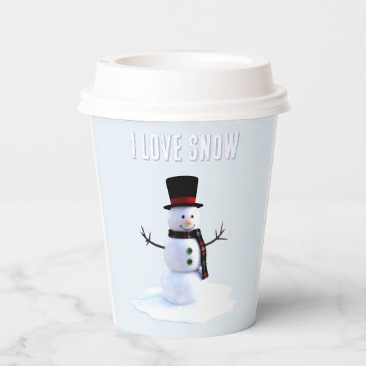 Snowman with hat and scarf. I Love Snow Papieren Bekers (Achterkant)