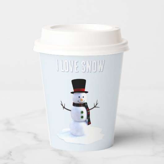Snowman with hat and scarf. I Love Snow Papieren Bekers (Voorkant)