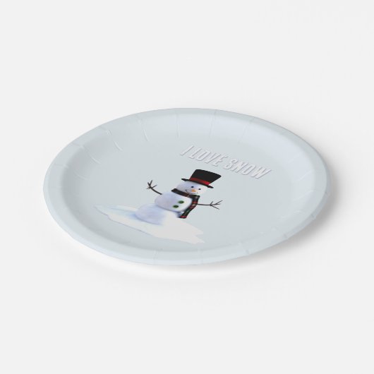 Snowman with hat and scarf. I Love Snow Papieren Bordje (Gekanteld)