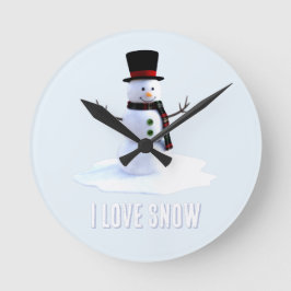 Snowman with hat and scarf. I Love Snow Ronde Klok