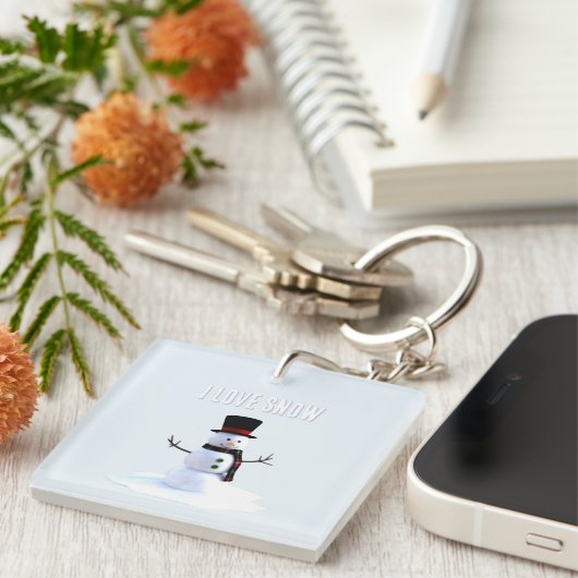 Snowman with hat and scarf. I Love Snow Sleutelhanger (Voorkant Rechts)