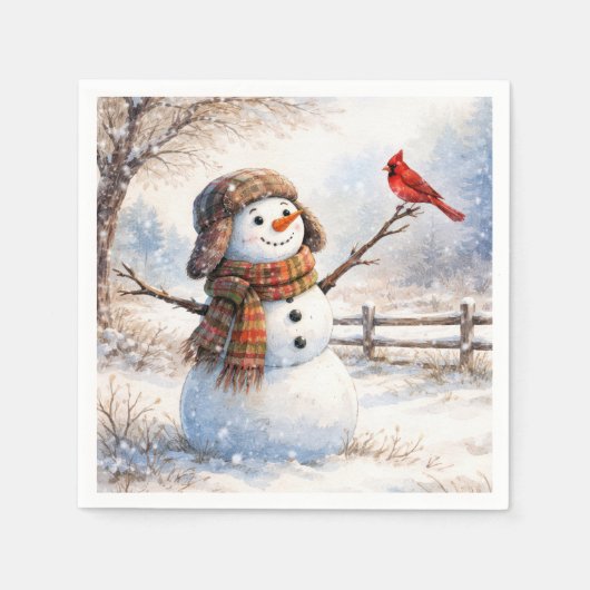 Snowman With Red Cardinal Bird Servet (Voorkant)