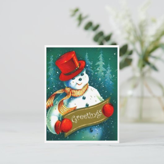 Snowman with red cilinder hat, foliday greetings briefkaart (Staand voorkant)