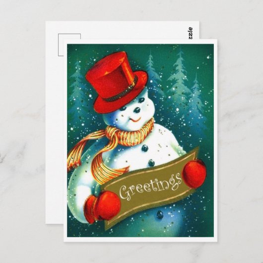 Snowman with red cilinder hat, foliday greetings briefkaart (Voorkant / Achterkant)
