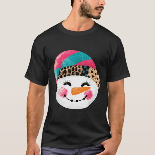 Snowman With Santa Hat And Leopard Pattern  T-shirt (Voorkant)