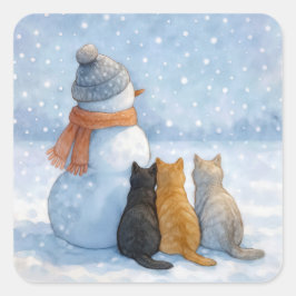 Snowman With Three Cats In a Snowy Field Vierkante Sticker