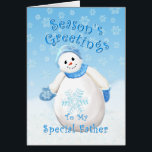 Snowman Wonderland voor kerstkaart<br><div class="desc">Een kleine sneeuwpop met blauw pet en wanten als delicate sneeuwvlokken herfst door de blauwe hemel is een heerlijk kerstontwerp voor groeten aan uw speciale vader. Je kunt ook genieten van overeenkomende postzegels en cadeaus in mijn winkel. Originele kunst en design van Anura Design Studio.</div>