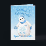 Snowman Wonderland voor Neef Kerstkaart Feestdagen Kaart<br><div class="desc">Een kleine sneeuwpop met blauw pet en mijten als delicate sneeuwvlokken herfst door de blauwe hemel is een heerlijk kerstontwerp voor groeten aan je speciale neef.  Je kunt ook genieten van overeenkomende postzegels en cadeaus in mijn winkel.  Originele kunst en design van Anura Design Studio.</div>