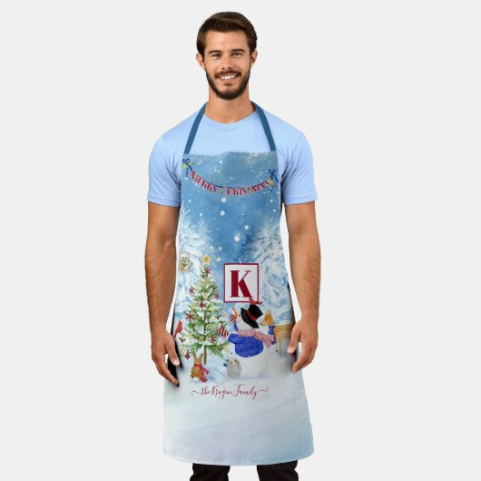 Snowman Woodland Forest Monogram Name Kerstmis Schort (Gedragen)