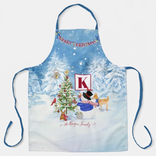 Snowman Woodland Forest Monogram Name Kerstmis Schort (Voorkant)