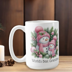 Snowman World's Best Grandma Pink Green Christmas Koffiemok