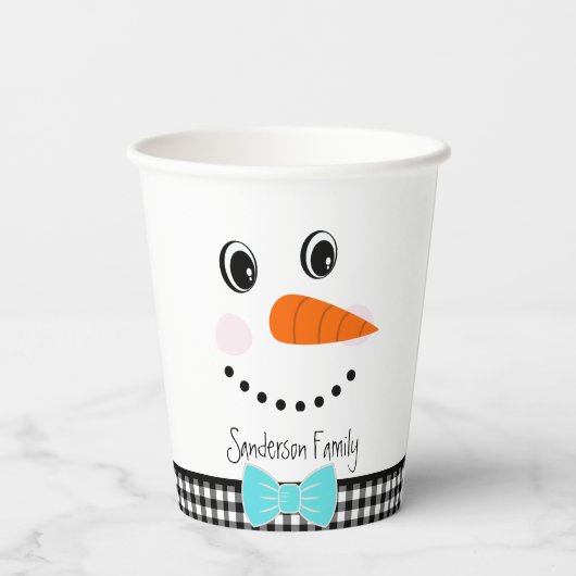 Snowman ziet Blauwgroen blauwe Bowtie Black Buffal Papieren Bekers (Achterkant)