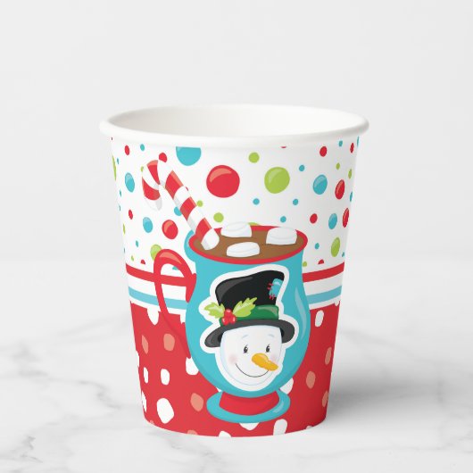 Snowman ziet met een warme cacaokleurige kerst papieren bekers (Voorkant)