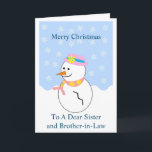 Snowman Zuster en Brother-in-law kerstKaart Feestdagen Kaart<br><div class="desc">Wenskaart zus en zwager Kerstkaart sneeuwman ontwerp. Pas deze kerstkaart aan met elke tekst en laat deze afdrukken en naar u verzenden of download deze direct. Mocht u hulp nodig hebben bij het aanpassen, neem dan contact met ons op via de link op deze pagina. Zus en haar man sneeuwpop...</div>